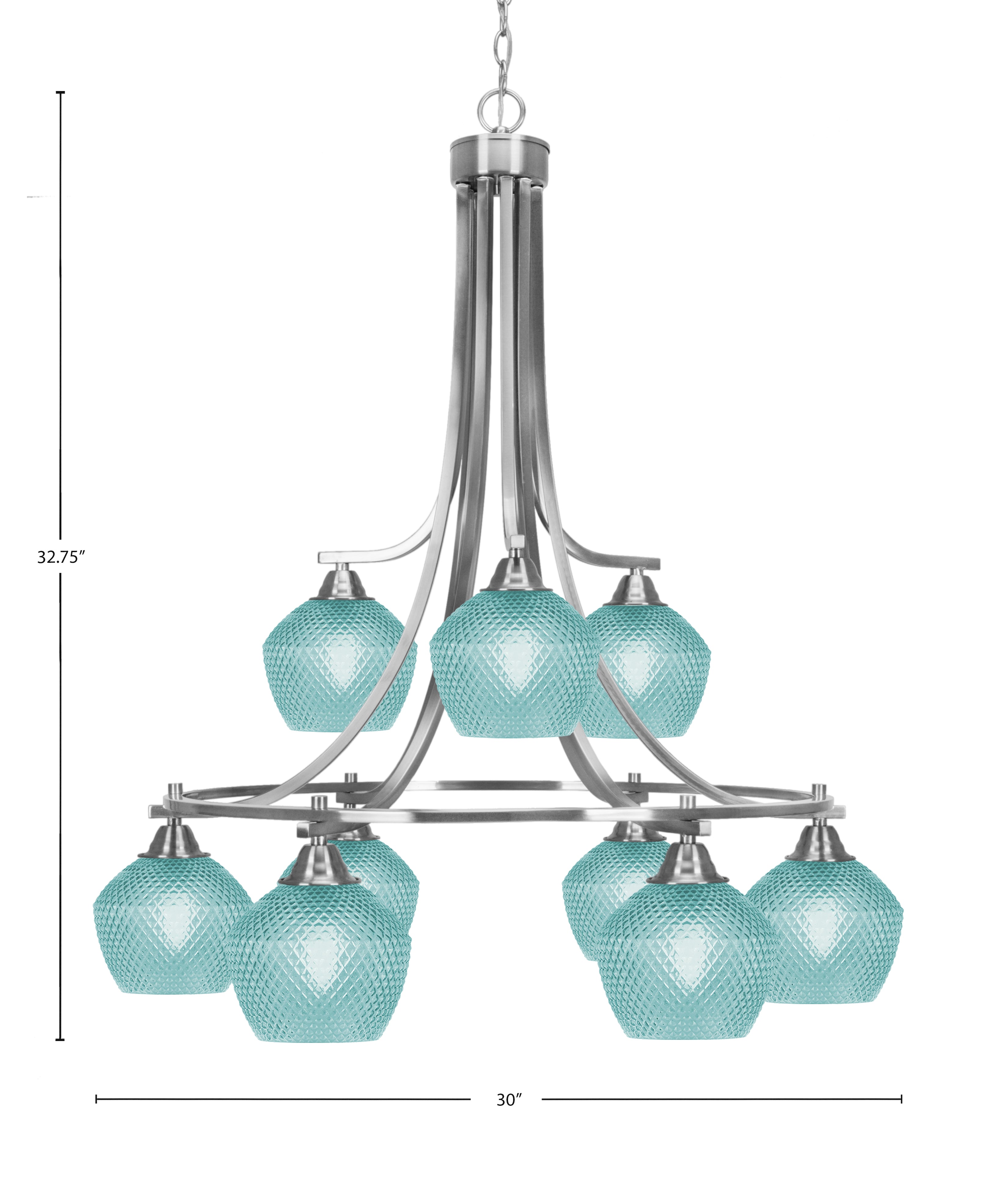 Paramount Nine Light Chandelier in Brushed Nickel with Turquoise Textured Shade