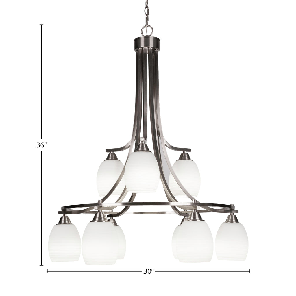 Paramount Nine Light Chandelier in Brushed Nickel with 5" White Linen Shade