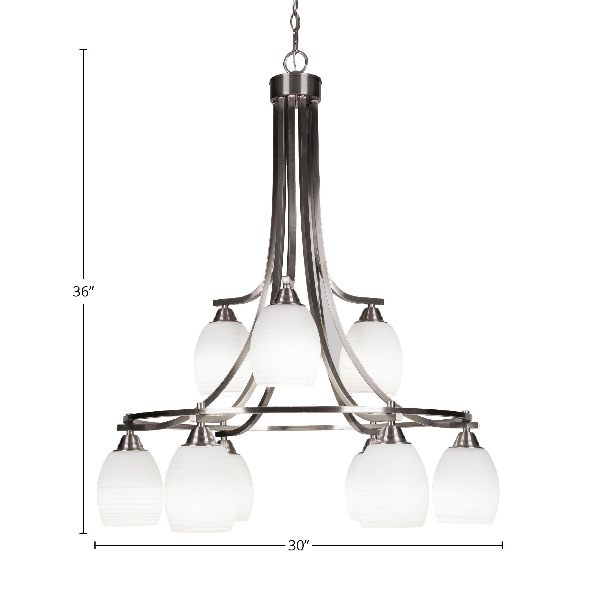 Paramount Nine Light Chandelier in Brushed Nickel with 5" White Linen Shade
