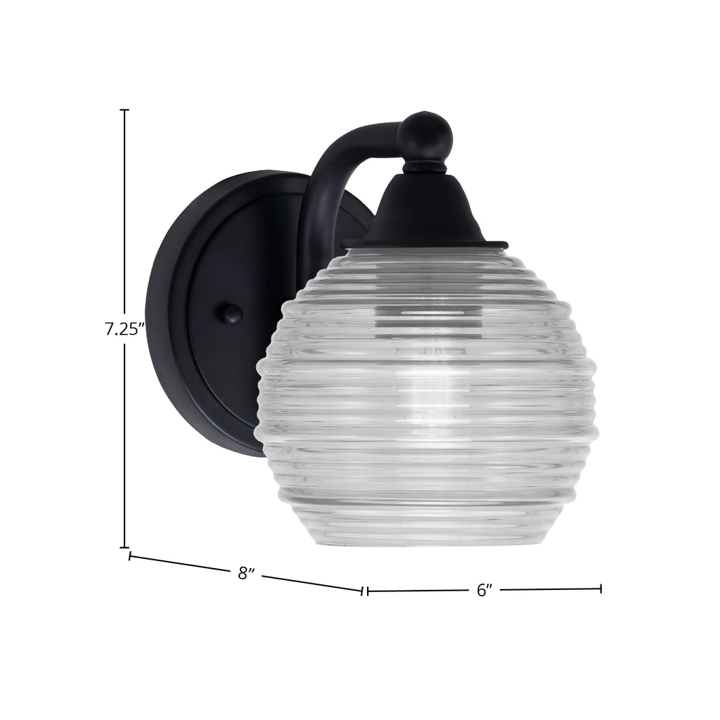 Paramount One Light Wall Sconce in Matte Black with 6" Clear Ribbed Shade