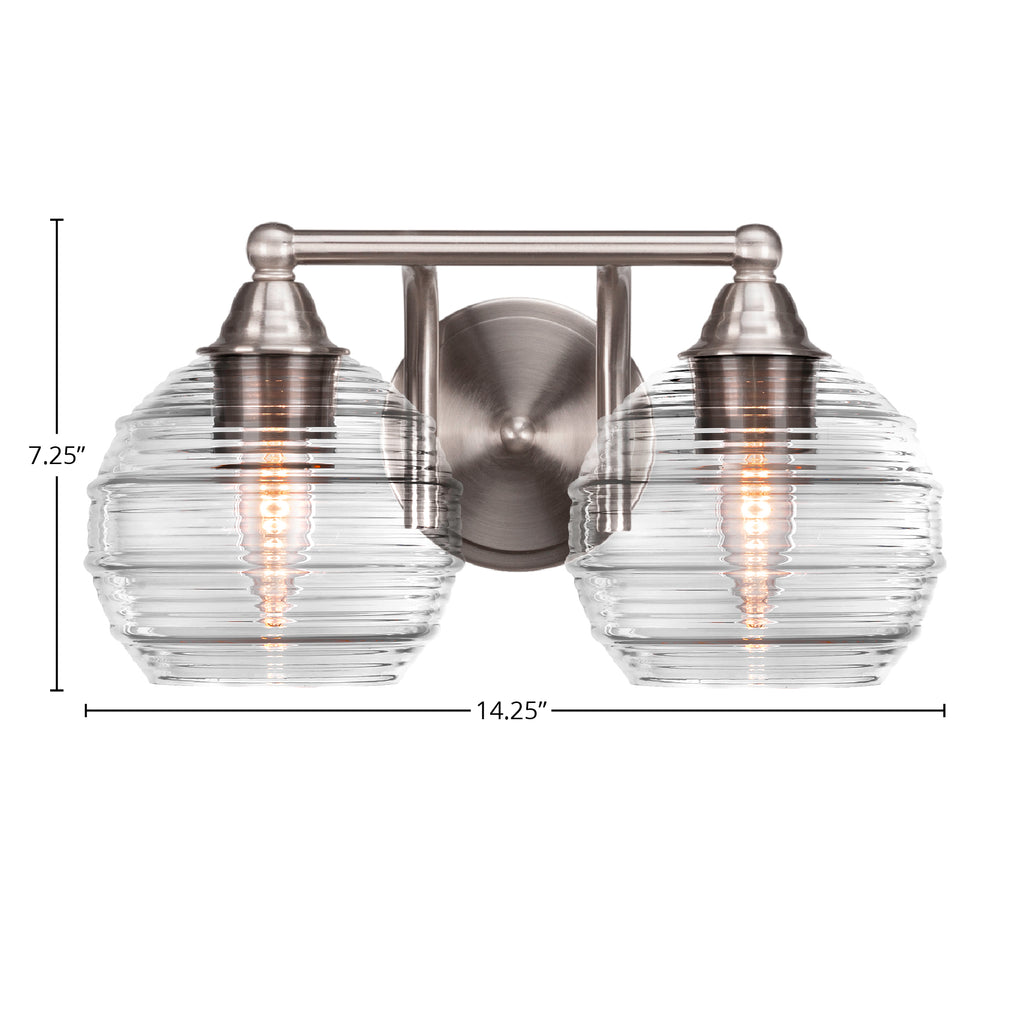 Paramount Two Light Bath Bar in Brushed Nickel with 6" Clear Ribbed Shade