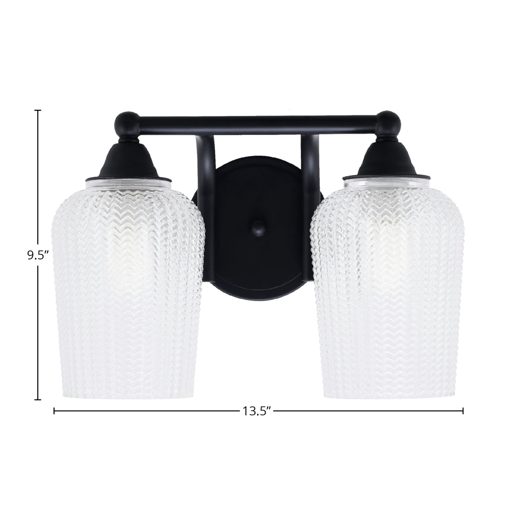 Paramount Two Light Bath Bar in Matte Black with 5" Clear Textured Shade