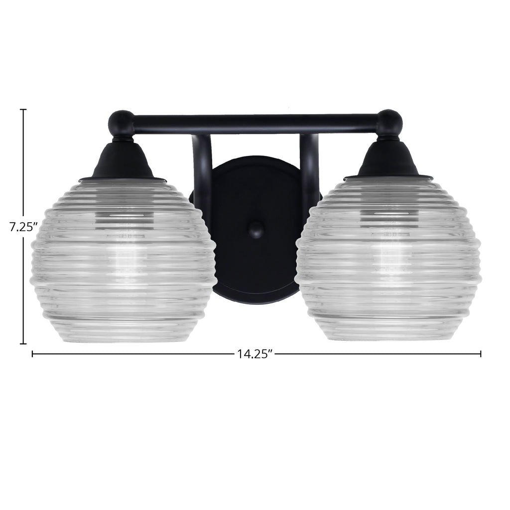 Paramount Two Light Bath Bar in Matte Black with 6" Clear Ribbed Shade