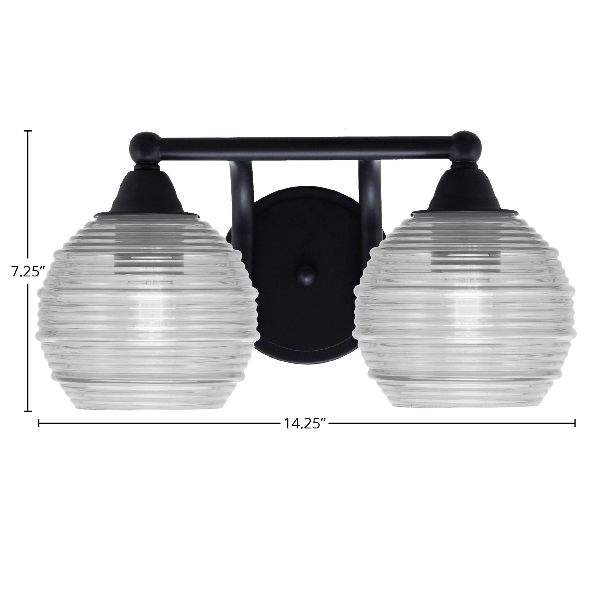 Paramount Two Light Bath Bar in Matte Black with 6" Clear Ribbed Shade