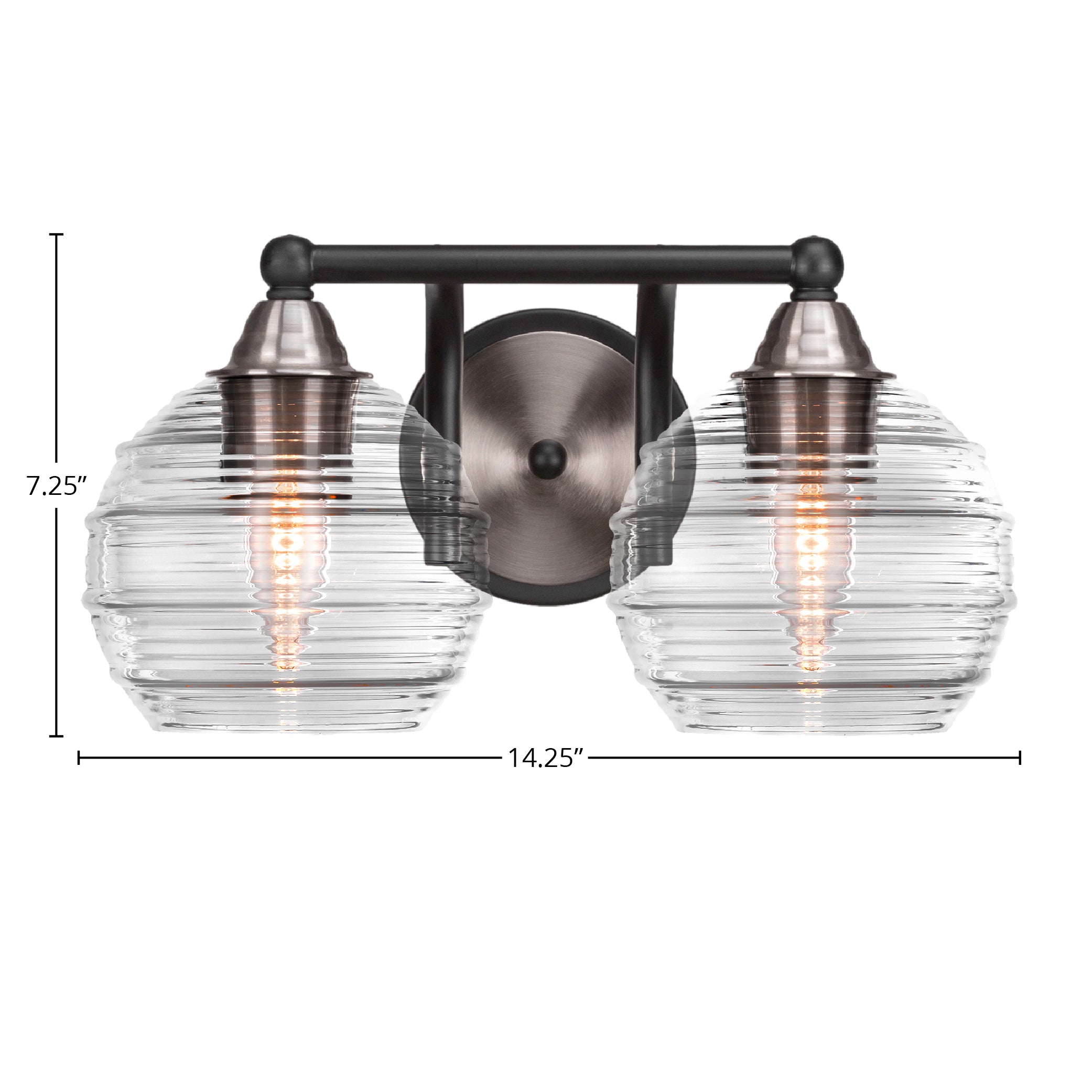 Paramount Two Light Bath Bar in Matte Black & Brushed Nickel with 6" Clear Ribbed Shade