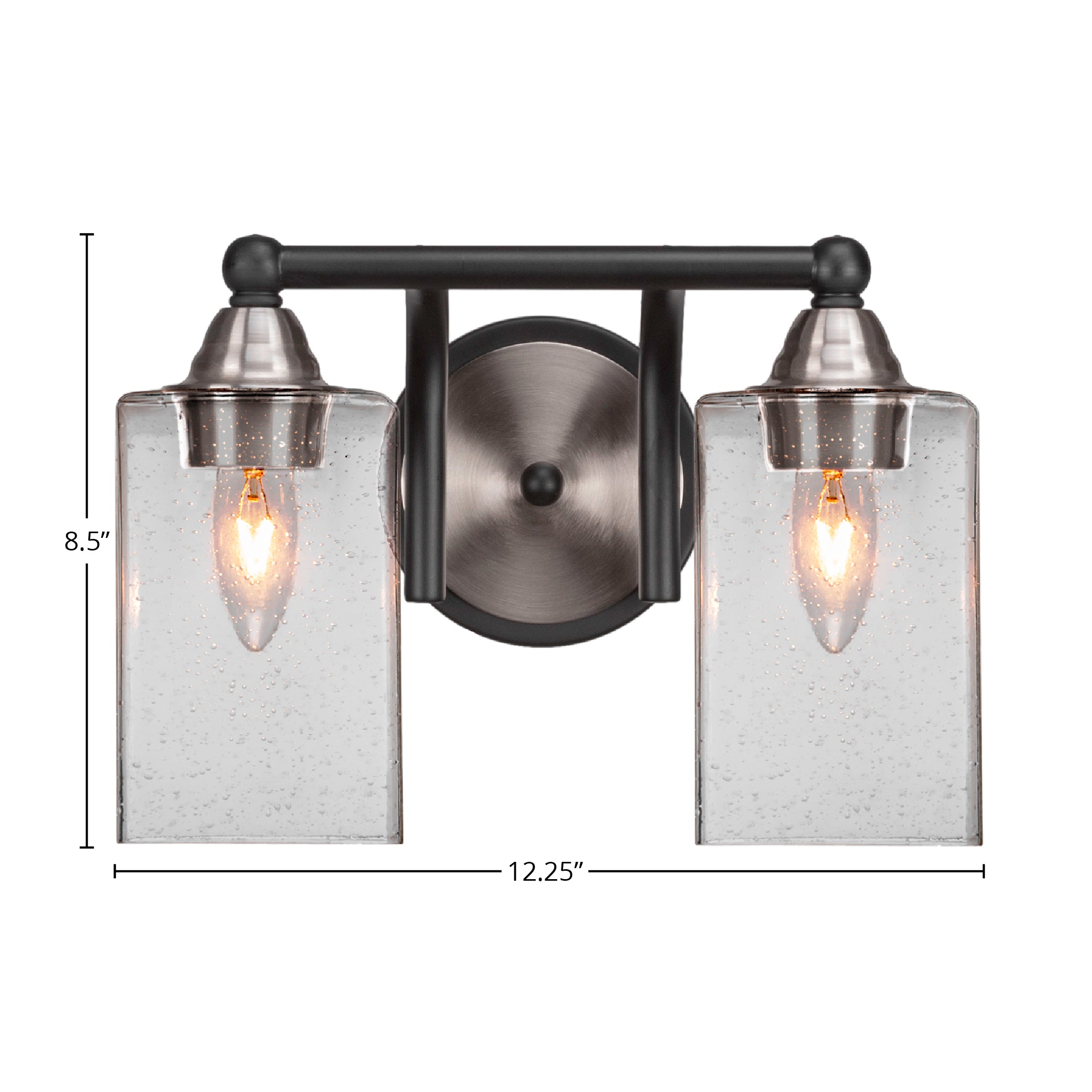 Paramount Two Light Bath Bar in Matte Black & Brushed Nickel with 4" Square Clear Bubble Shade