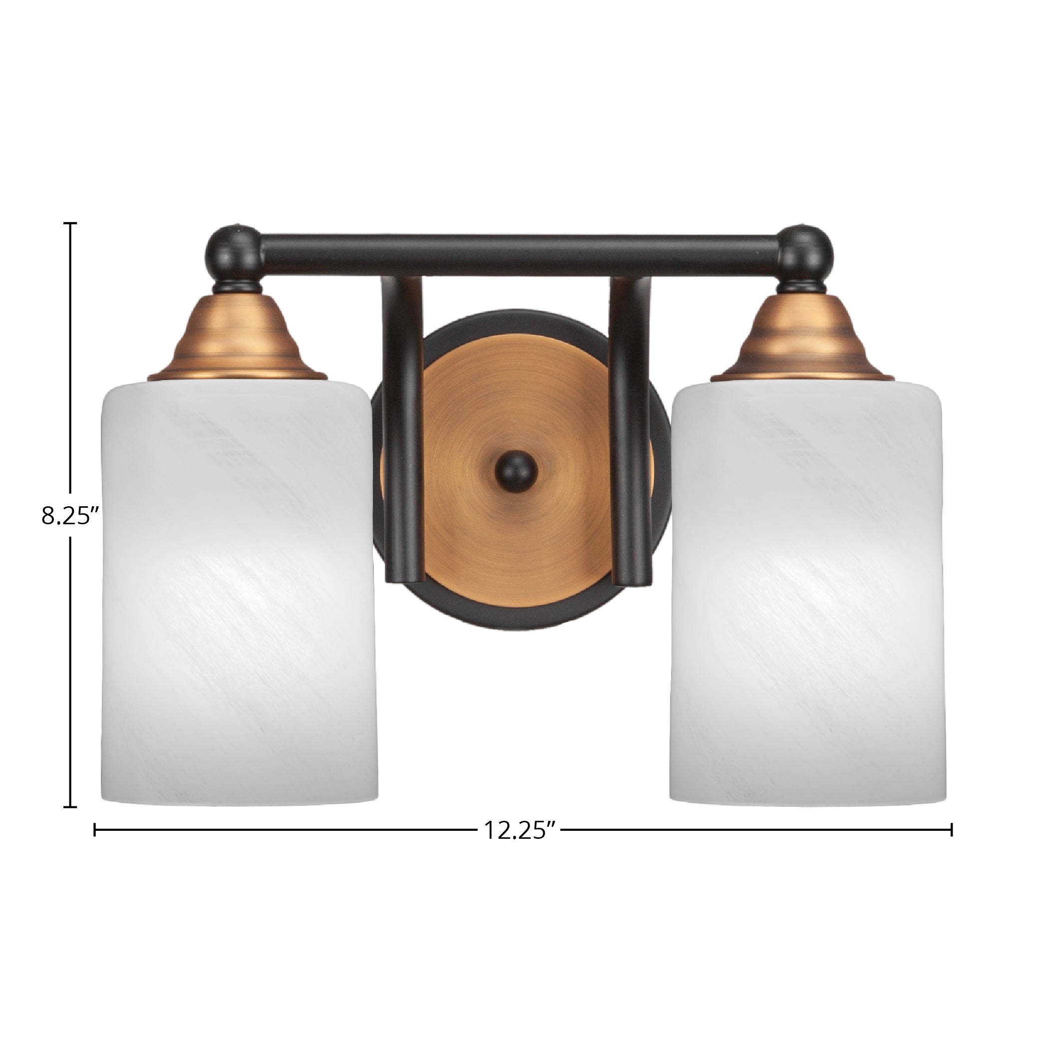 Paramount Two Light Bath Bar in Matte Black & Brass with 4" White Marble Shade