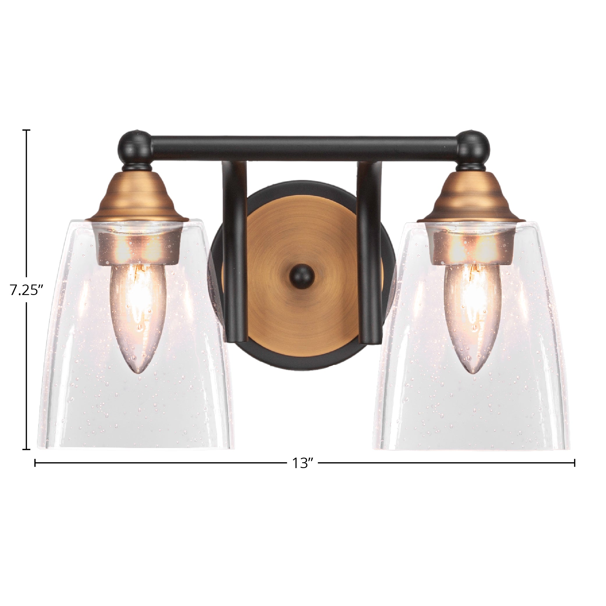 Paramount Two Light Bath Bar in Matte Black & Brass with 4.5" Square Clear Bubble Shade
