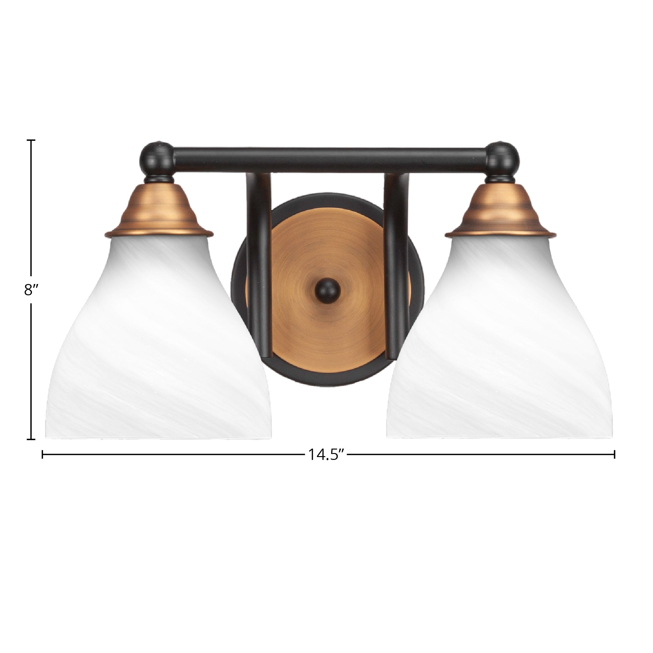 Paramount Two Light Bath Bar in Matte Black & Brass with 6.25" White Marble Shade