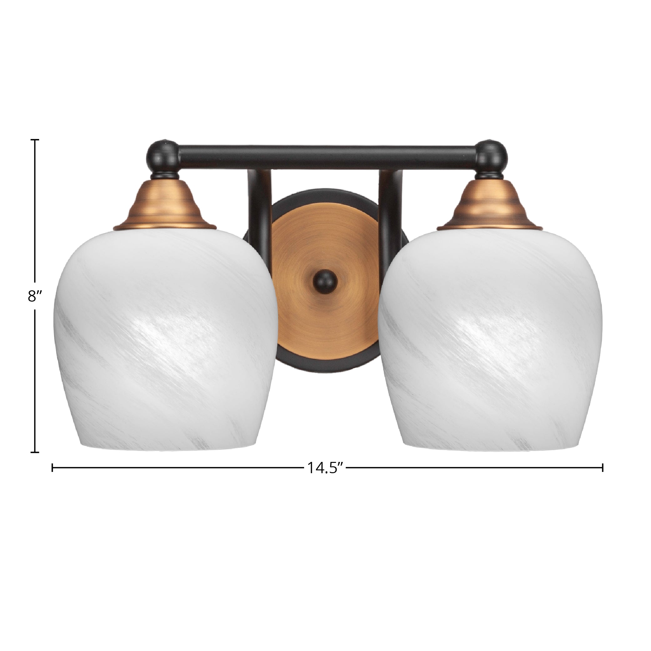 Paramount Two Light Bath Bar in Matte Black & Brass with 6" White Marble Shade