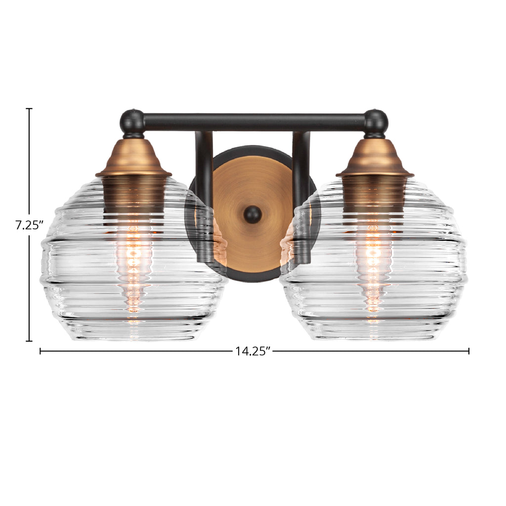 Paramount Two Light Bath Bar in Matte Black & Brass with 6" Clear Ribbed Shade