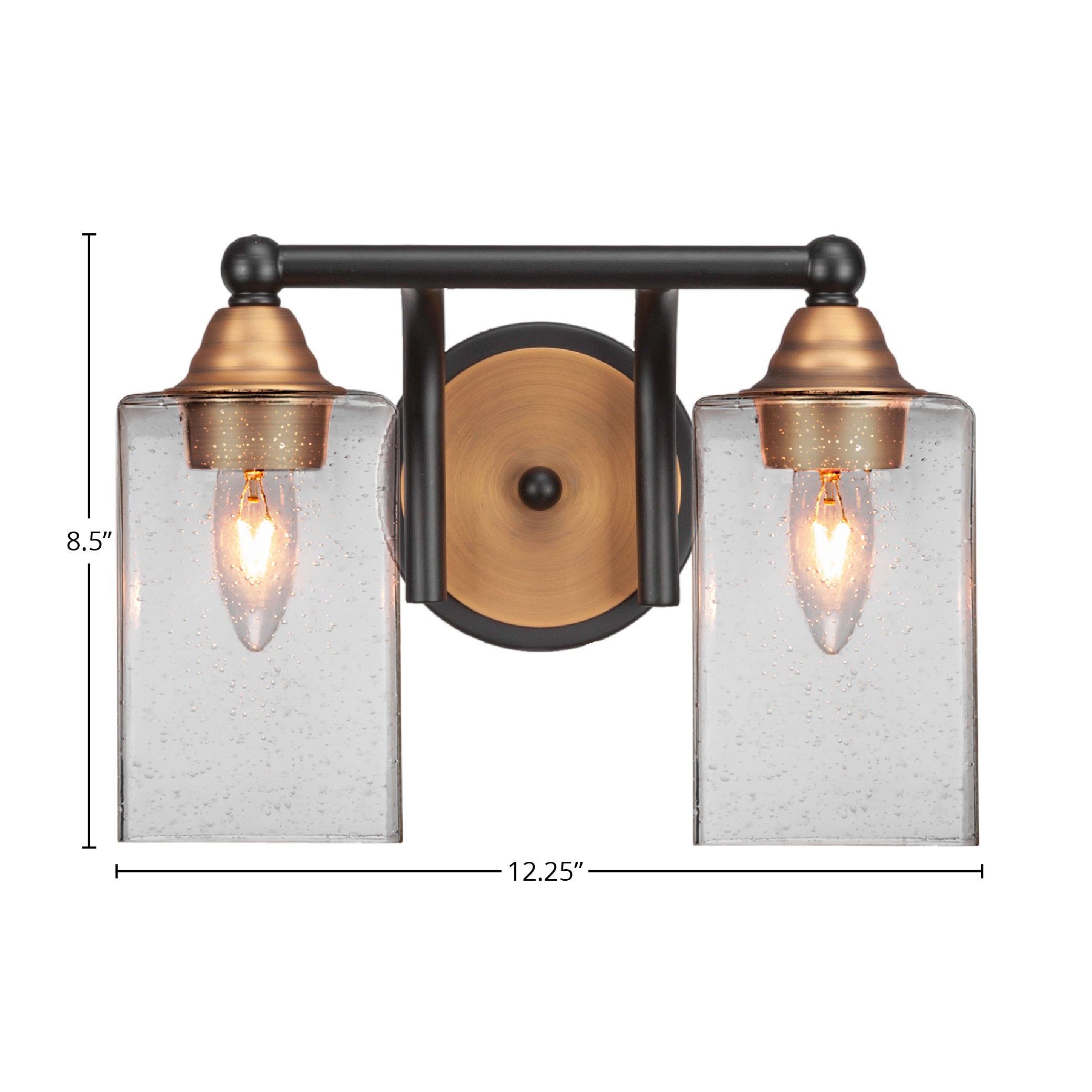 Paramount Two Light Bath Bar in Matte Black & Brass with 4" Square Clear Bubble Shade