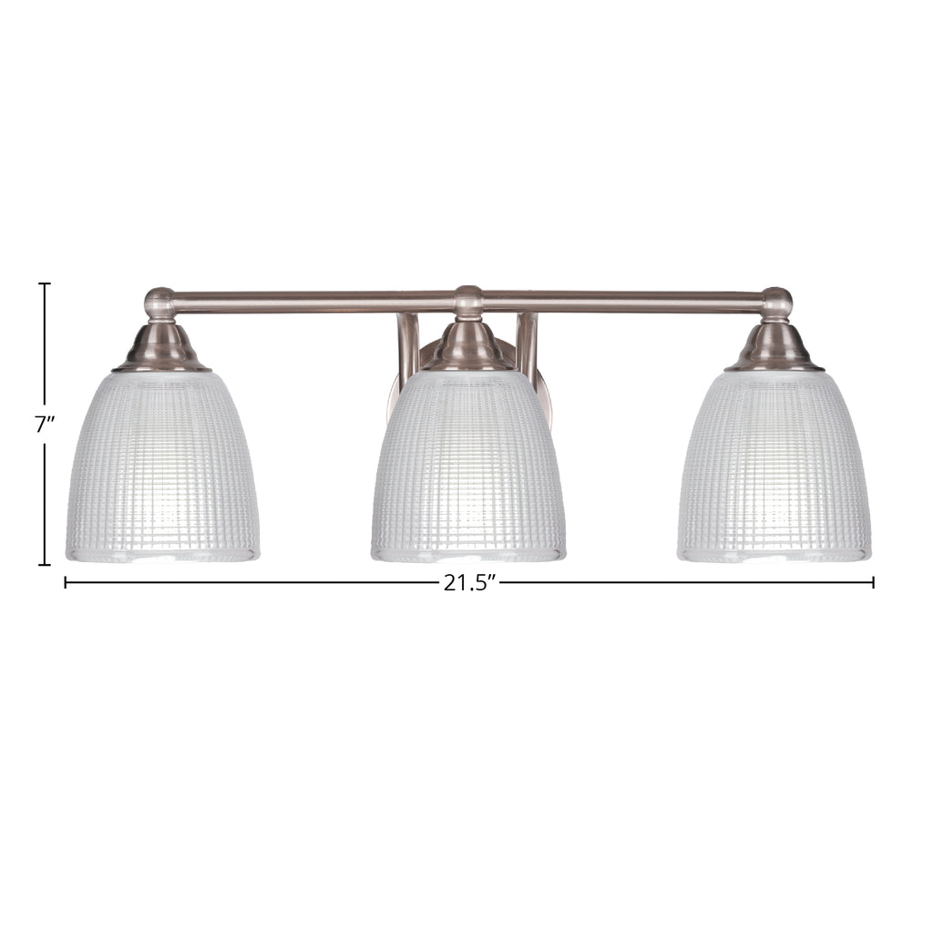 Paramount Three Light Bath Bar in Brushed Nickel with 5" Clear Ribbed Shade