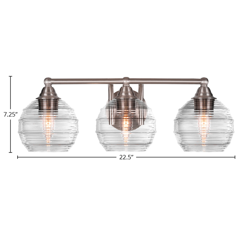 Paramount Three Light Bath Bar in Brushed Nickel with 6" Clear Ribbed Shade
