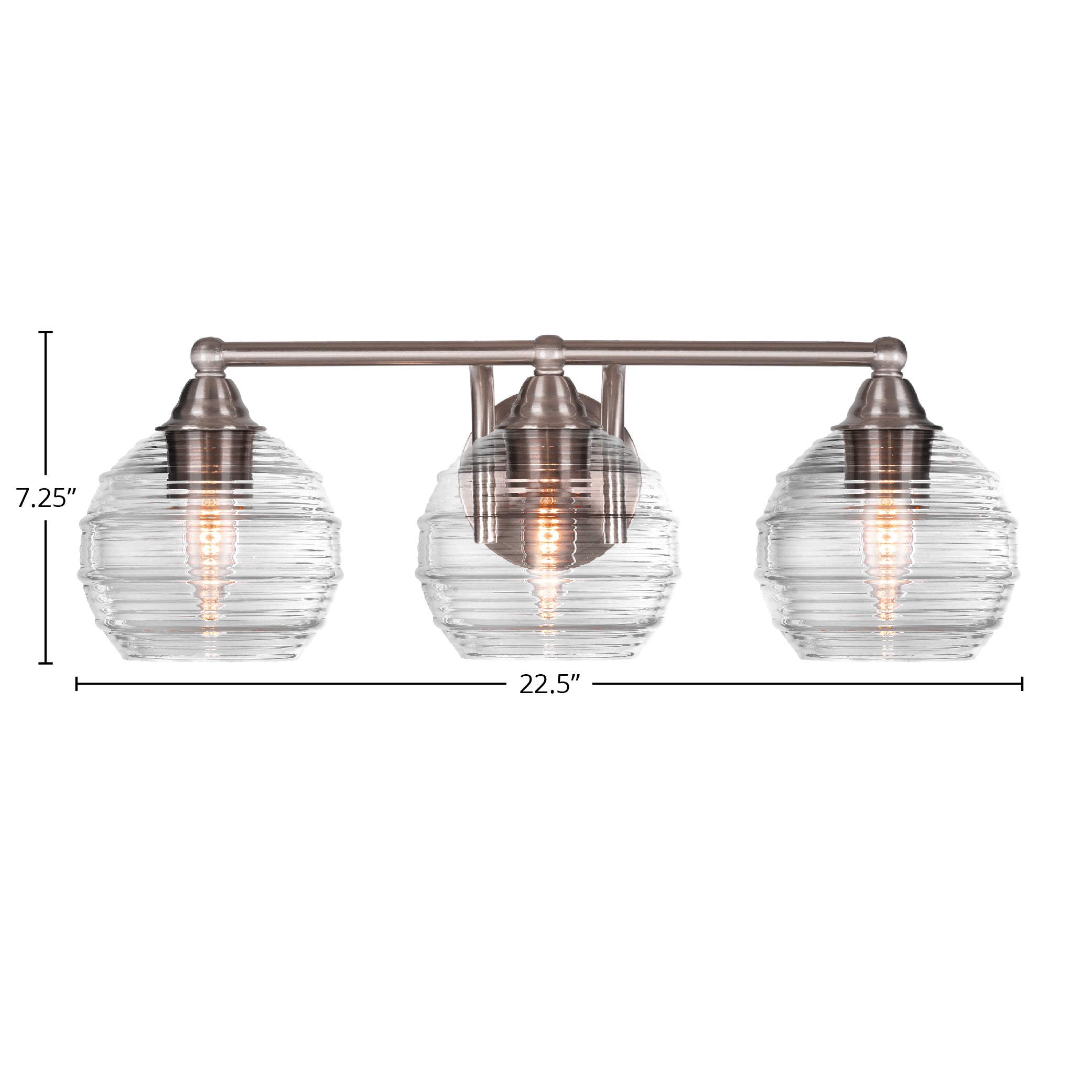 Paramount Three Light Bath Bar in Brushed Nickel with 6" Clear Ribbed Shade
