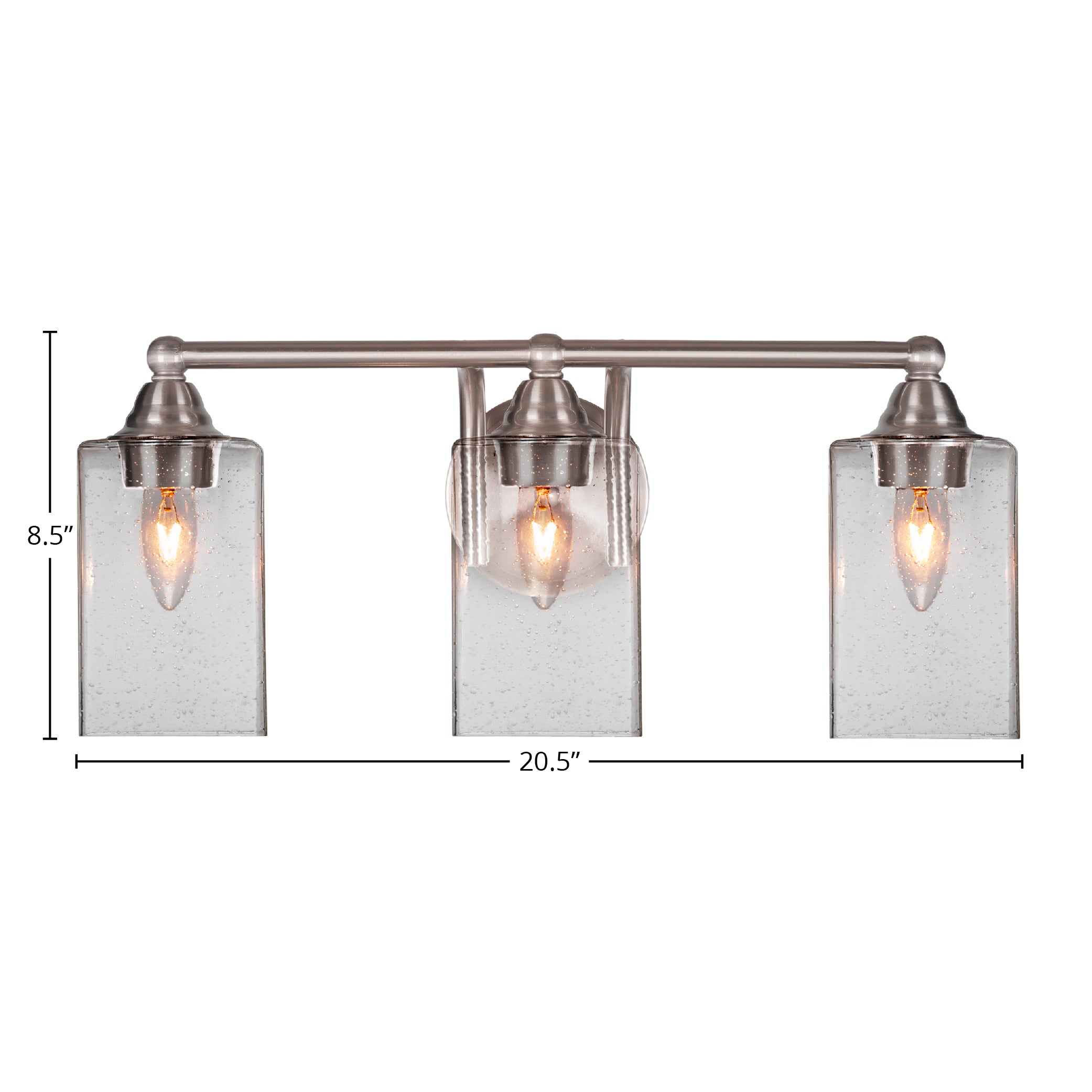 Paramount Three Light Bath Bar in Brushed Nickel with 4" Square Clear Bubble Shade