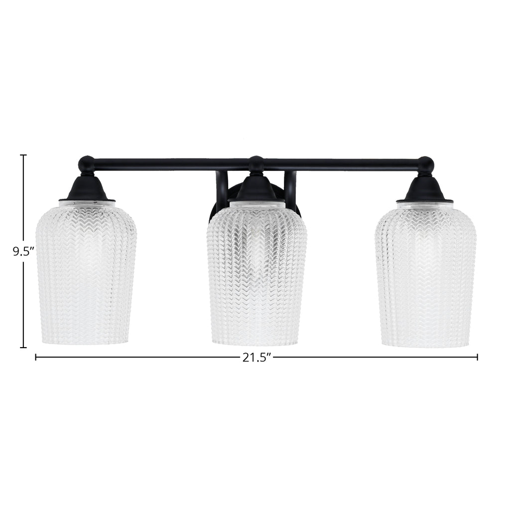 Paramount Three Light Bath Bar in Matte Black with 5" Clear Textured Shade