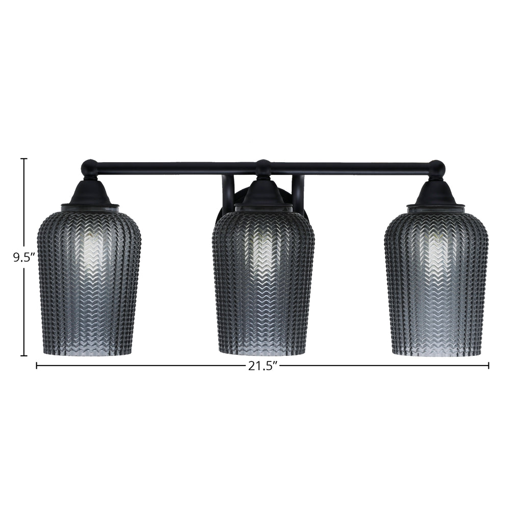 Paramount Three Light Bath Bar in Matte Black with 5" Smoke Textured Shade