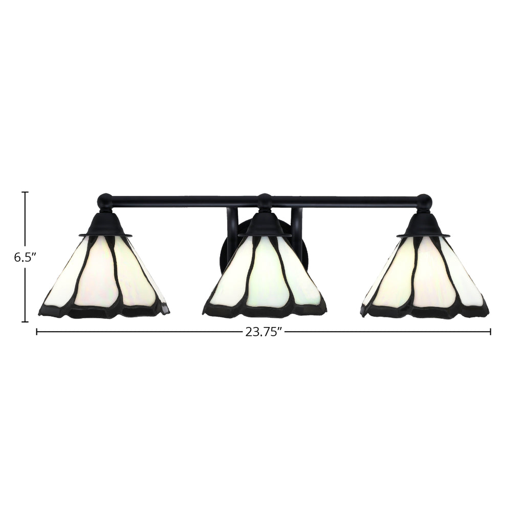 Paramount Three Light Bath Bar in Matte Black with 7" Pearl & Black Flair Art Glass Shade