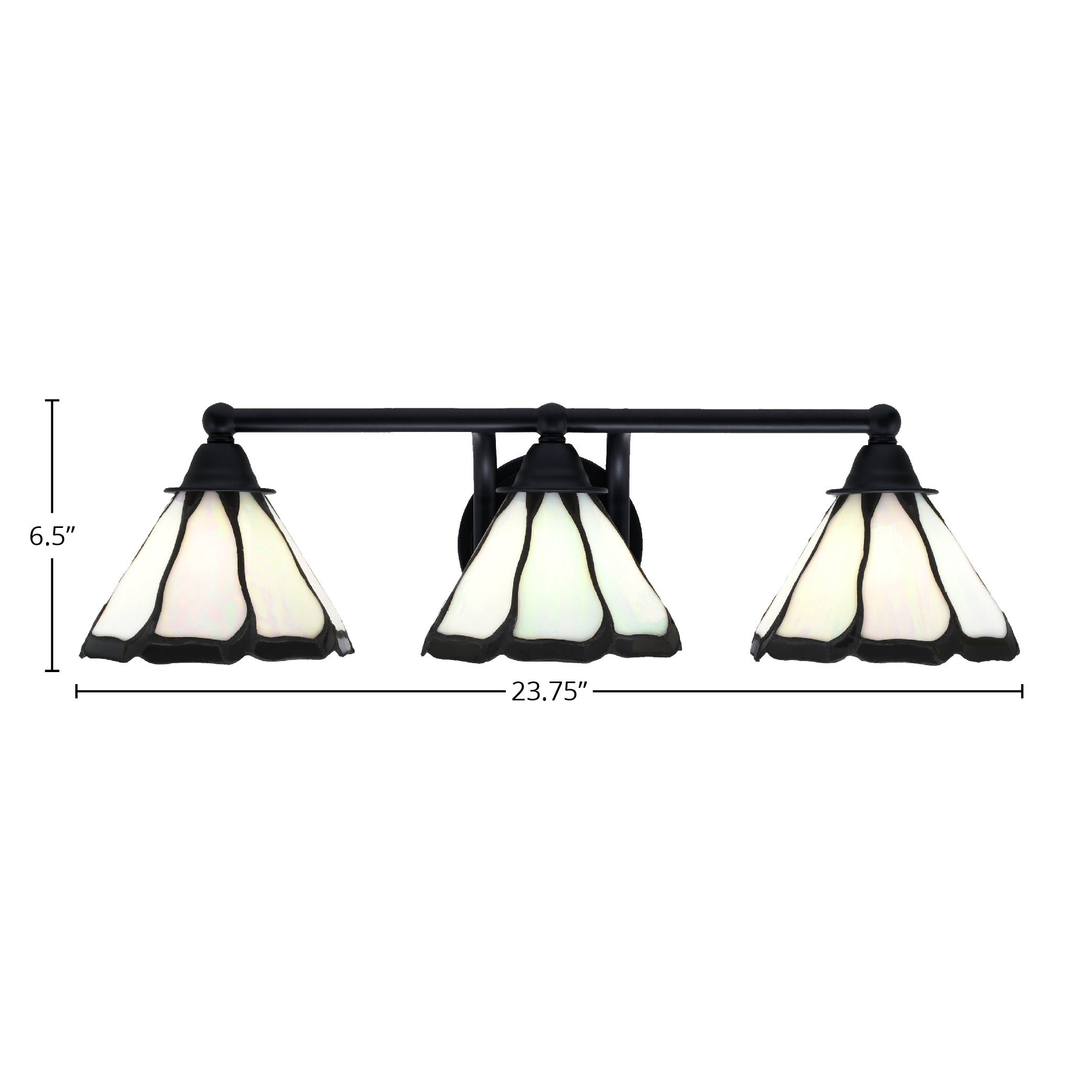 Paramount Three Light Bath Bar in Matte Black with 7" Pearl & Black Flair Art Glass Shade