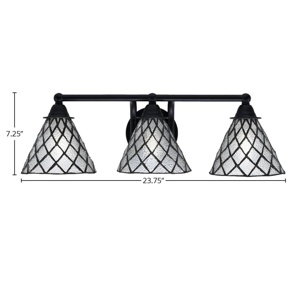 Paramount Three Light Bath Bar in Matte Black with 7" Diamond Ice Art Glass Shade