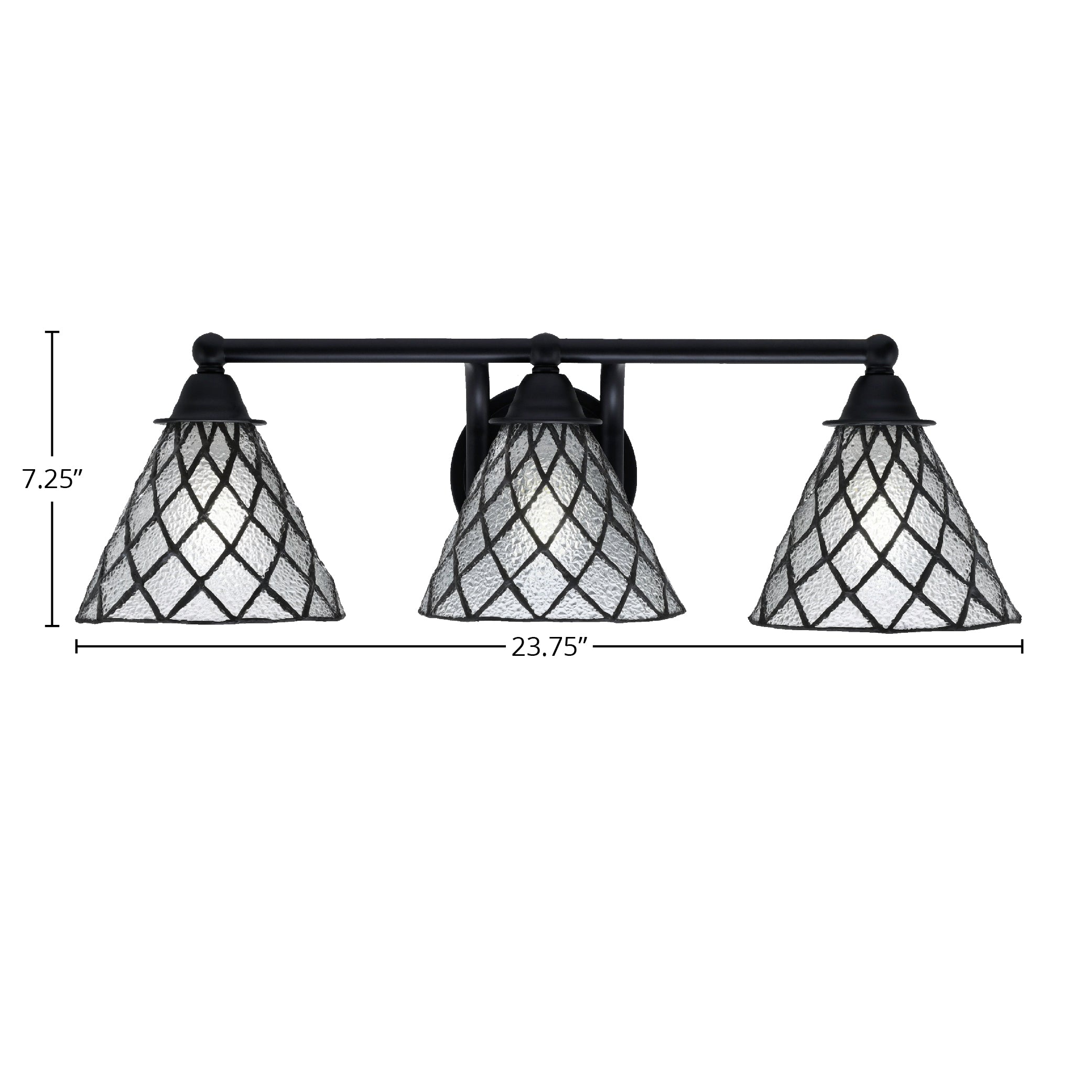 Paramount Three Light Bath Bar in Matte Black with 7" Diamond Ice Art Glass Shade