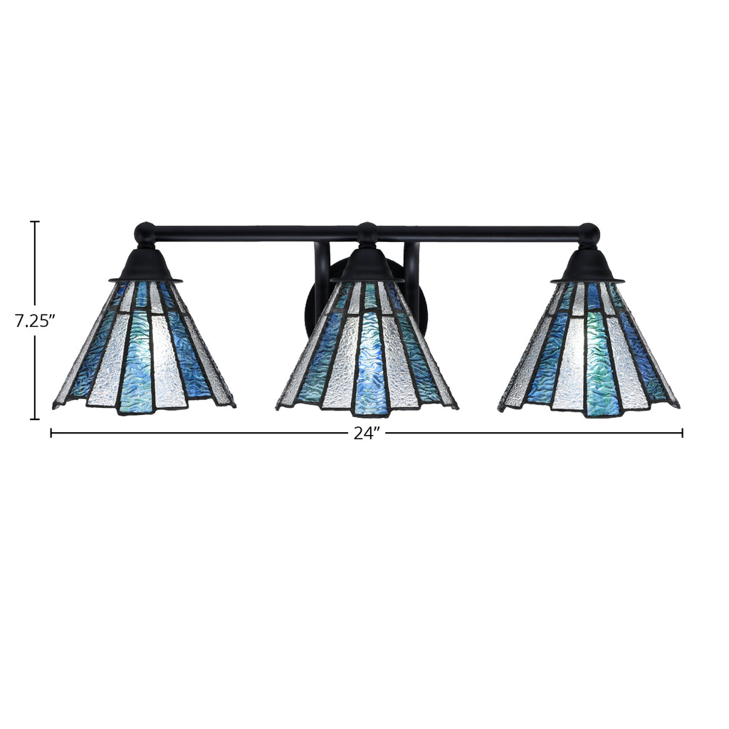 Paramount Three Light Bath Bar in Matte Black with 7" Sea Ice Art Glass Shade