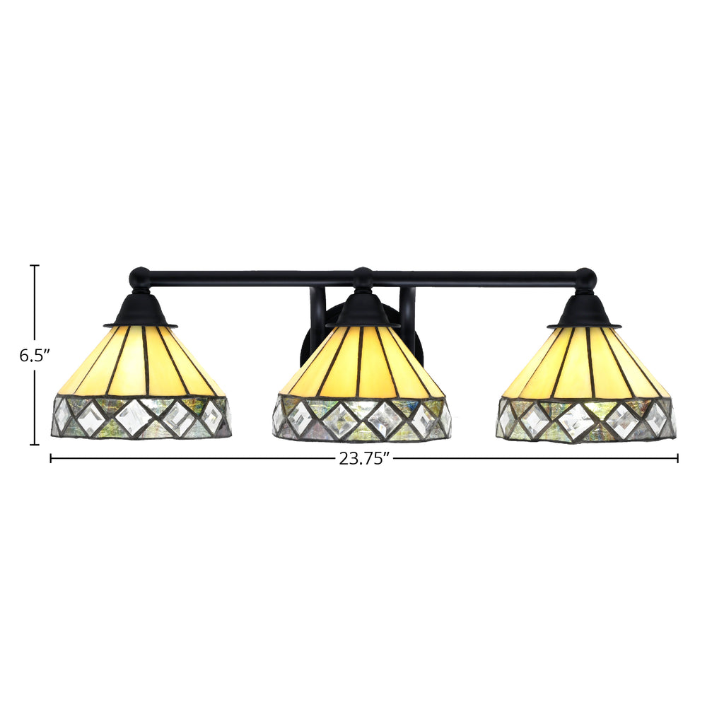 Paramount Three Light Bath Bar in Matte Black with 7" Diamond Peak Art Glass Shade