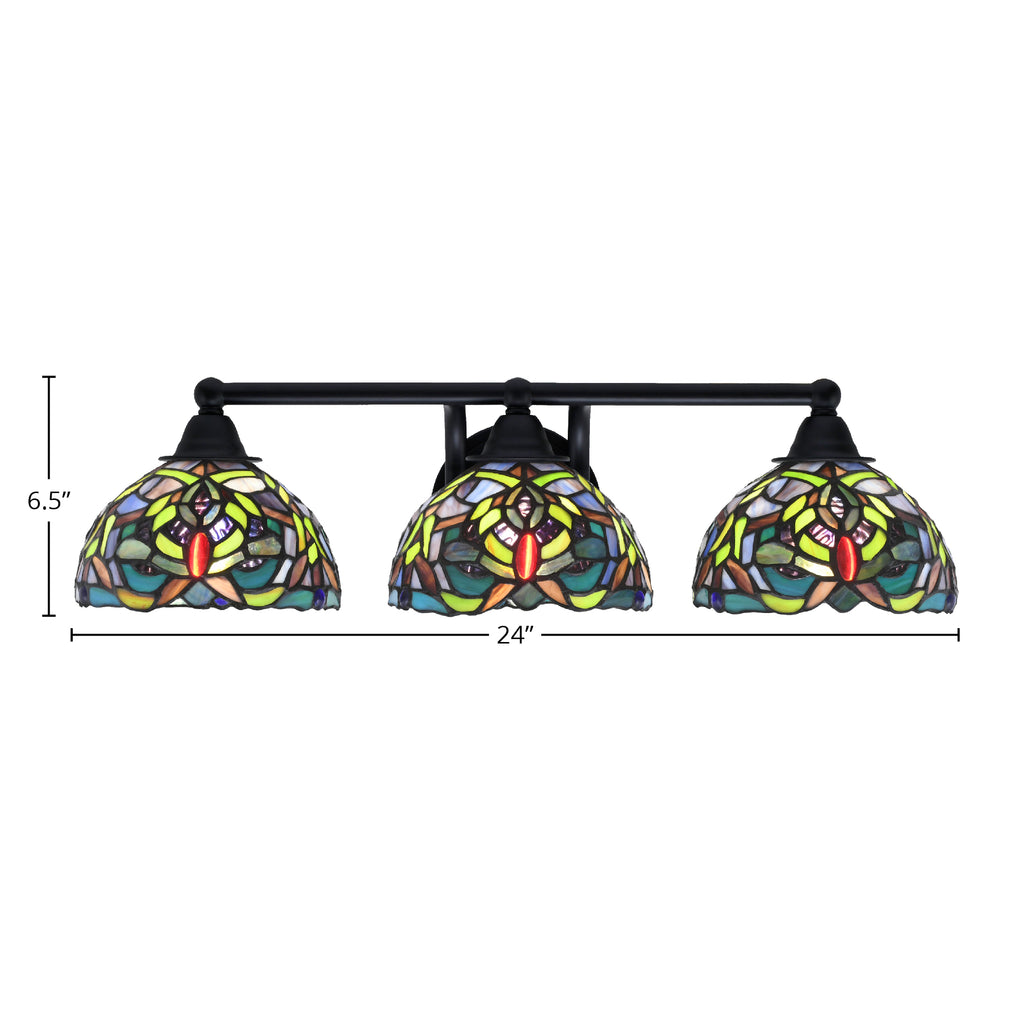 Paramount Three Light Bath Bar in Matte Black with 7" Kaleidoscope Art Glass Shade