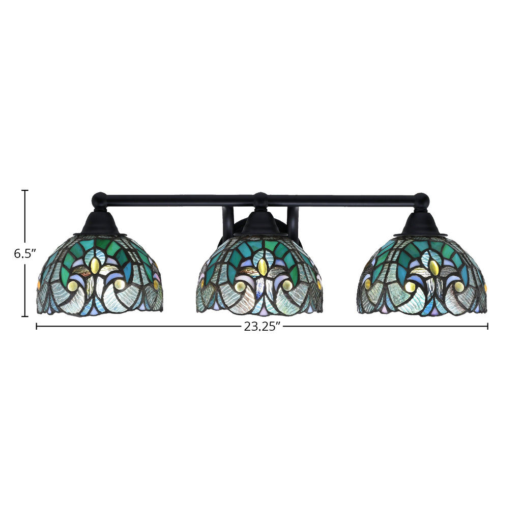 Paramount Three Light Bath Bar in Matte Black with 7" Turquoise Cypress Art Glass Shade