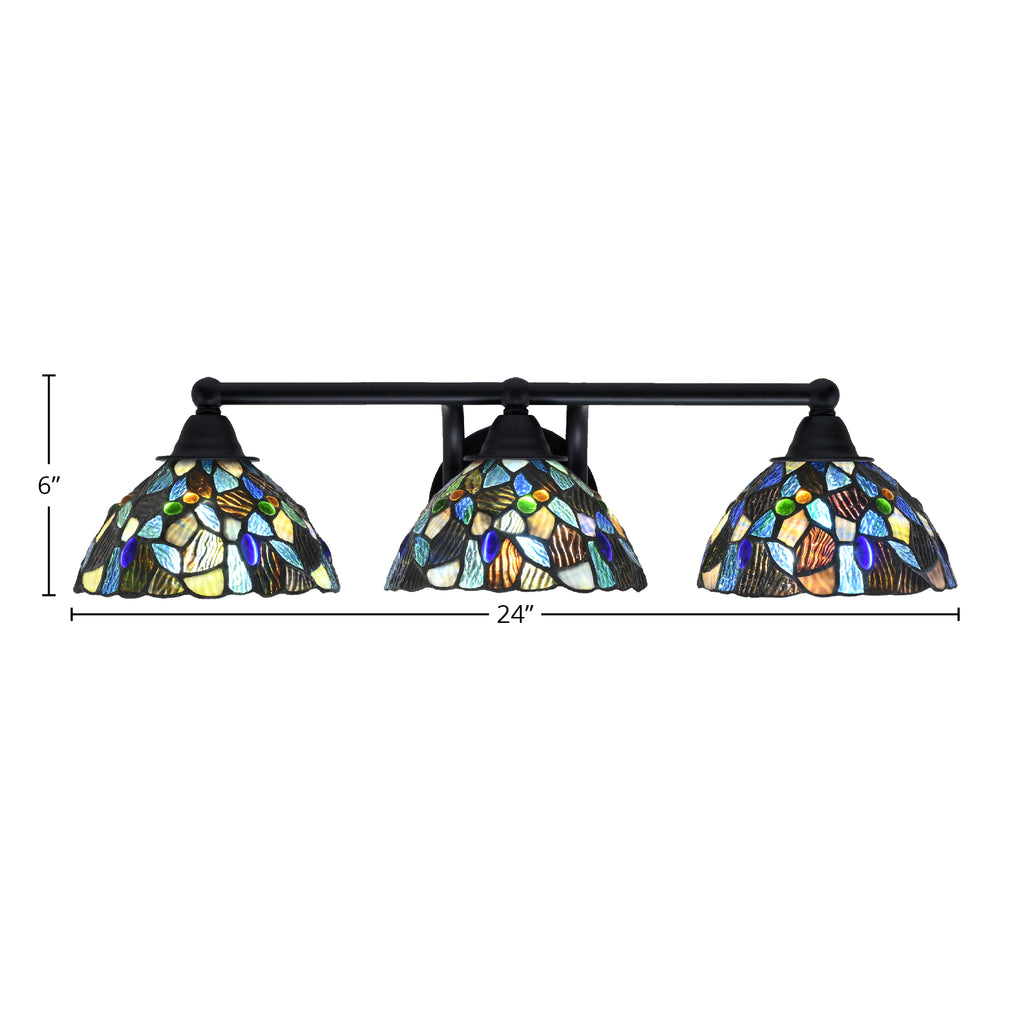 Paramount Three Light Bath Bar in Matte Black with 7" Blue Mosaic Art Glass Shade