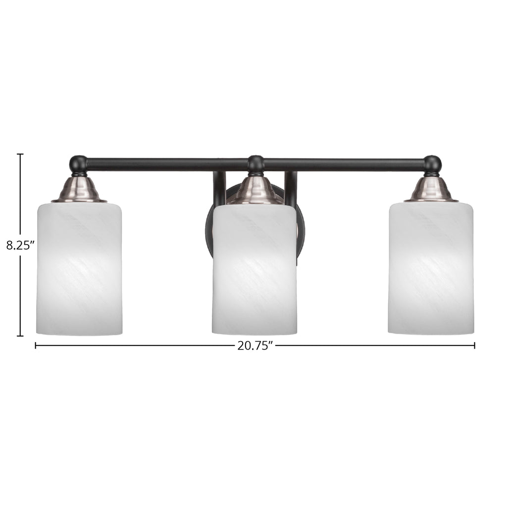 Paramount Three Light Bath Bar in Matte Black & Brushed Nickel with 4" White Marble Shade