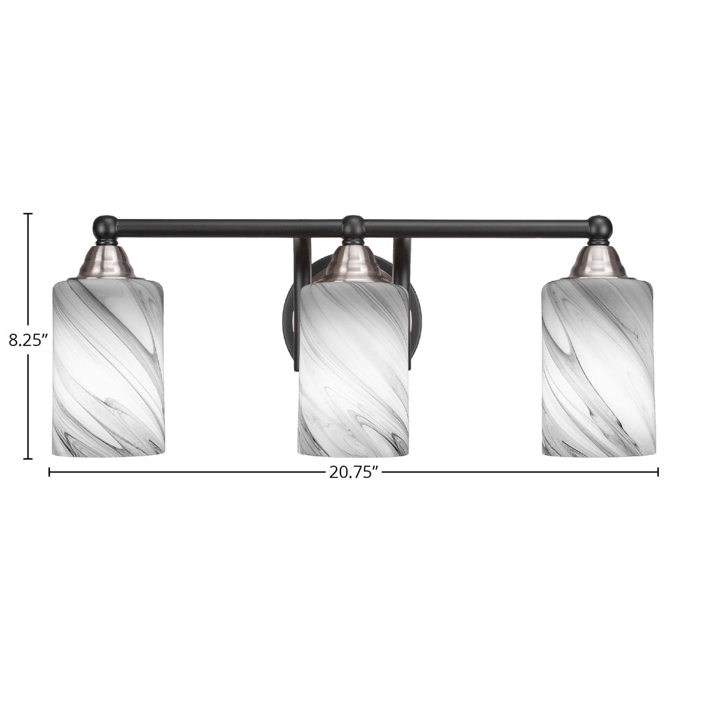 Paramount Three Light Bath Bar in Matte Black & Brushed Nickel with 4" Onyx Swirl Shade