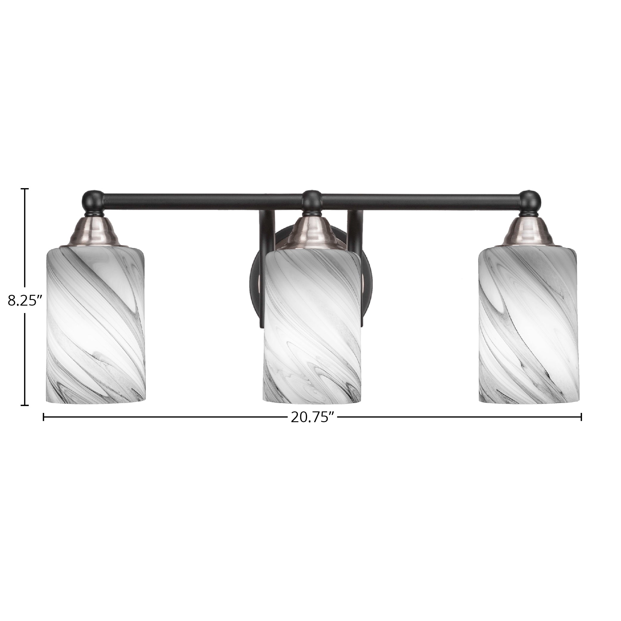 Paramount Three Light Bath Bar in Matte Black & Brushed Nickel with 4" Onyx Swirl Shade