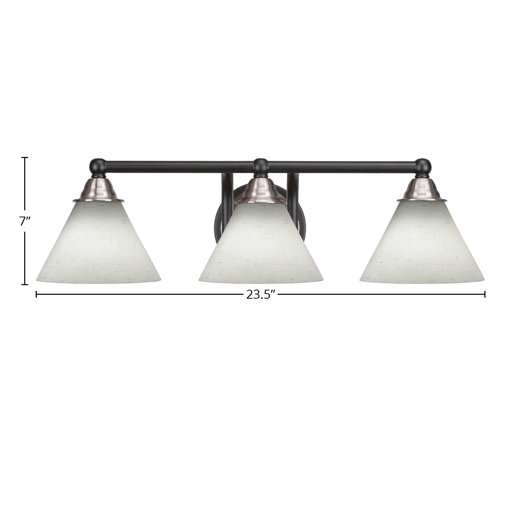 Paramount Three Light Bath Bar in Matte Black & Brushed Nickel with 7" White Muslin Shade