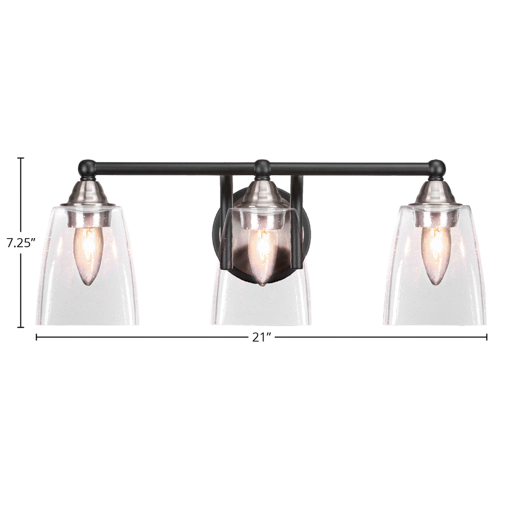 Paramount Three Light Bath Bar in Matte Black & Brushed Nickel with 4.5" Square Clear Bubble Shade