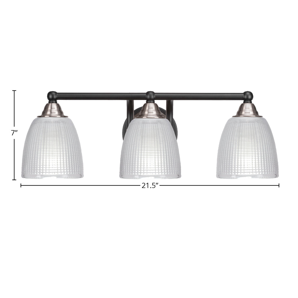 Paramount Three Light Bath Bar in Matte Black & Brushed Nickel with 5" Clear Ribbed Shade