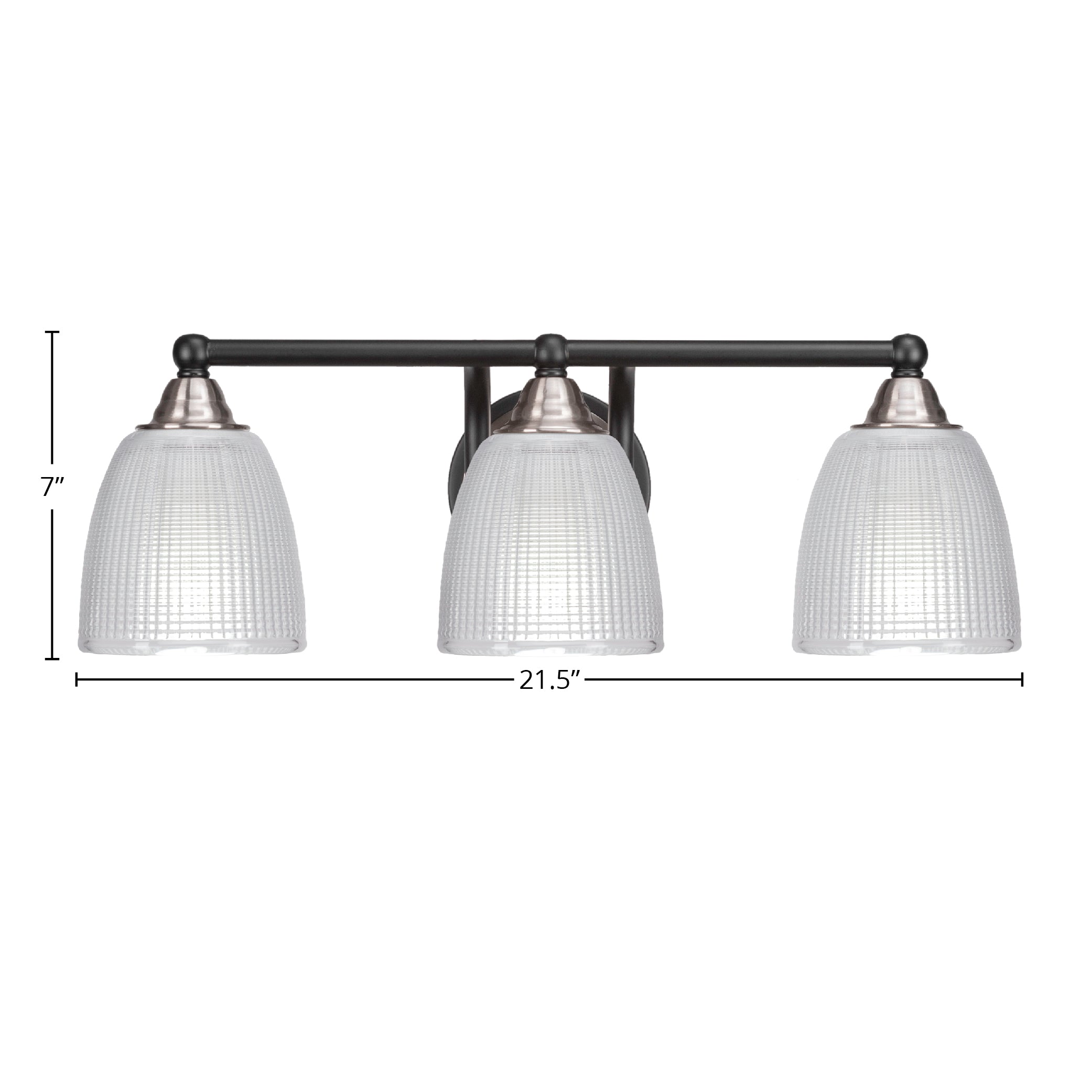 Paramount Three Light Bath Bar in Matte Black & Brushed Nickel with 5" Clear Ribbed Shade