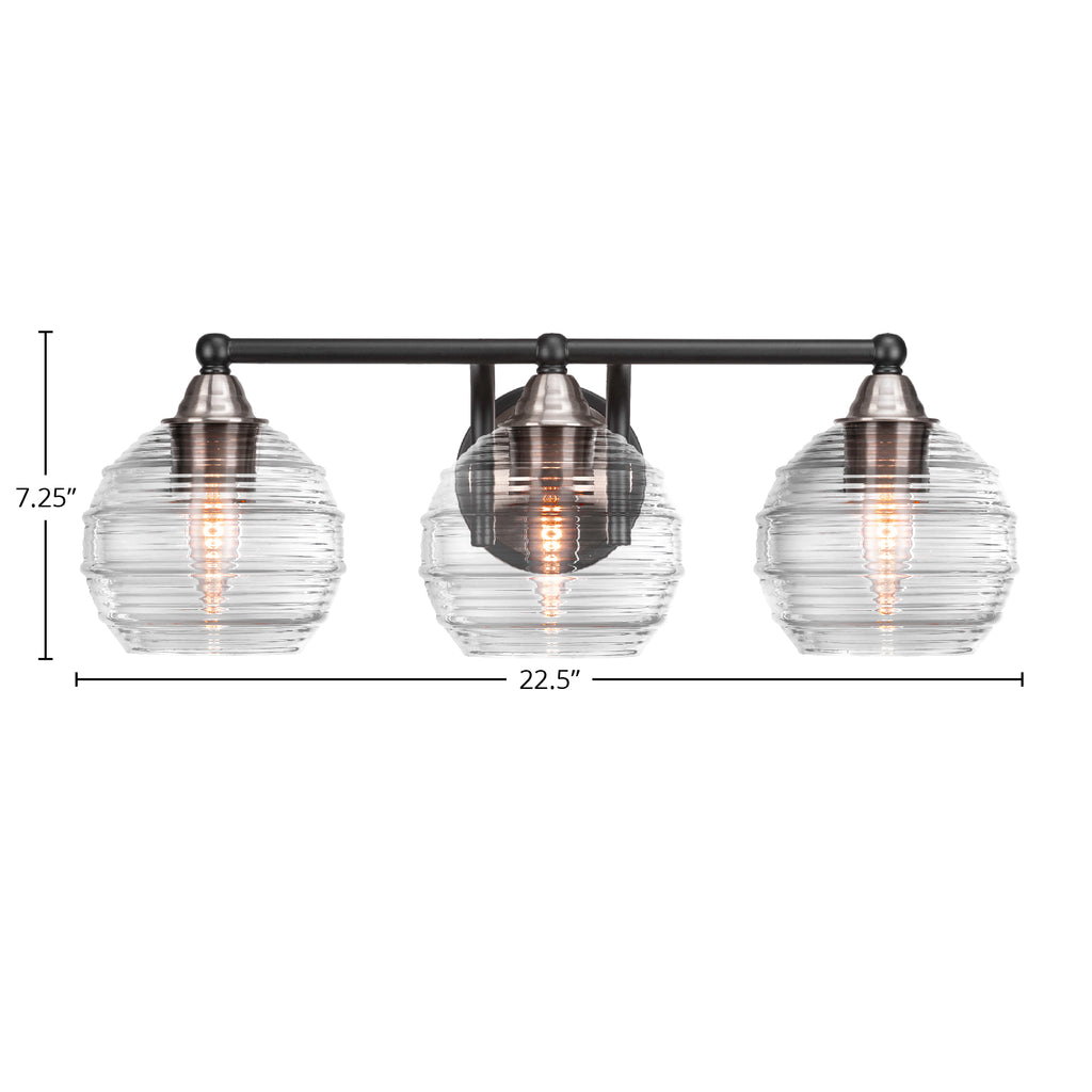 Paramount Three Light Bath Bar in Matte Black & Brushed Nickel with 6" Clear Ribbed Shade