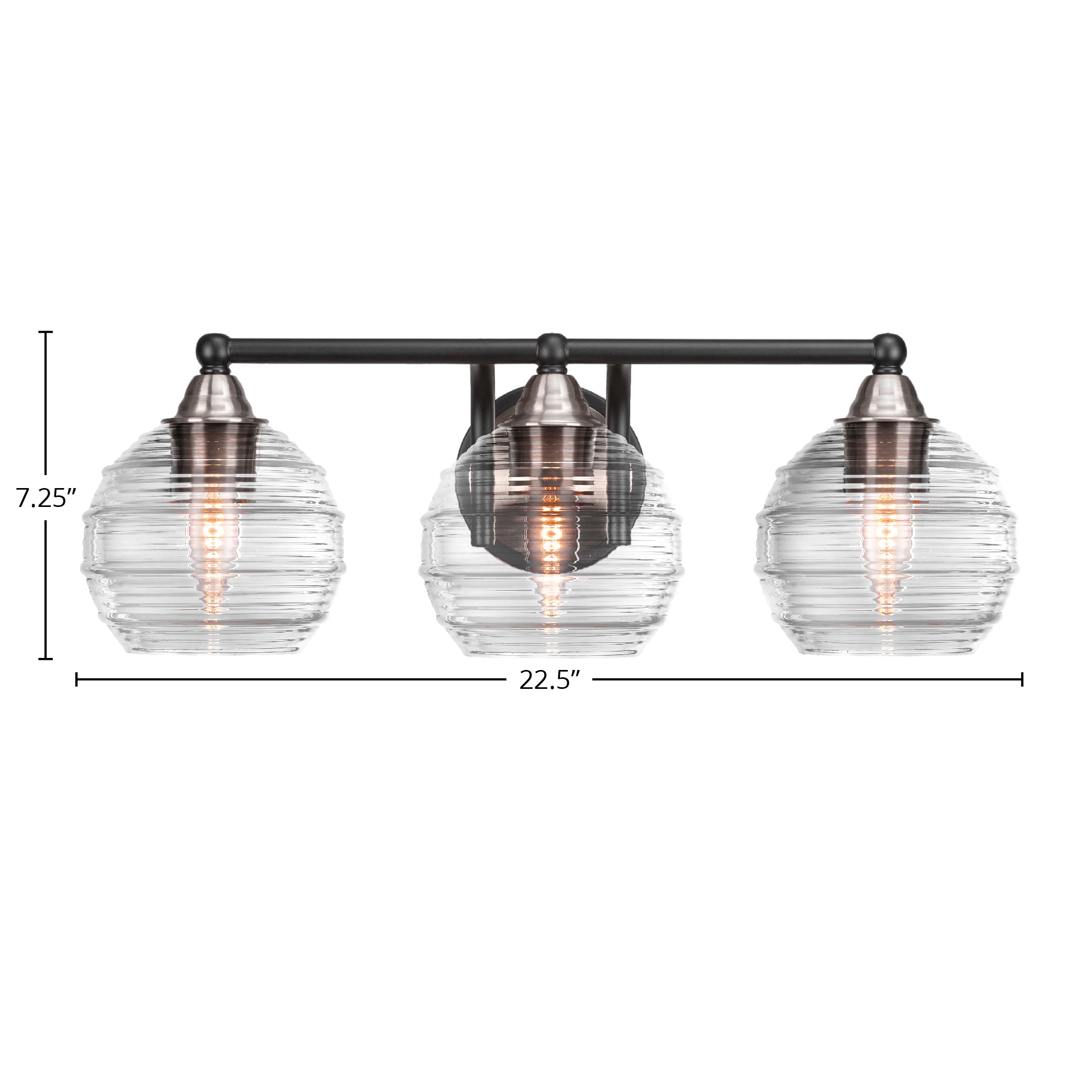 Paramount Three Light Bath Bar in Matte Black & Brushed Nickel with 6" Clear Ribbed Shade
