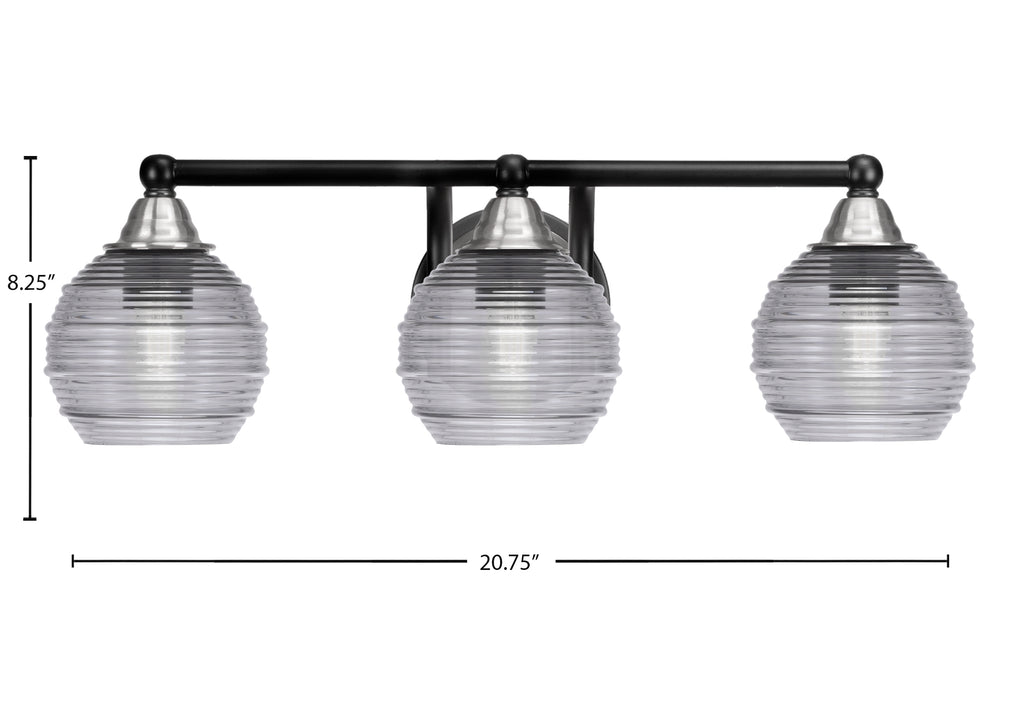 Paramount Three Light Bath Bar in Matte Black & Brushed Nickel with 6" Smoke Ribbed Shade