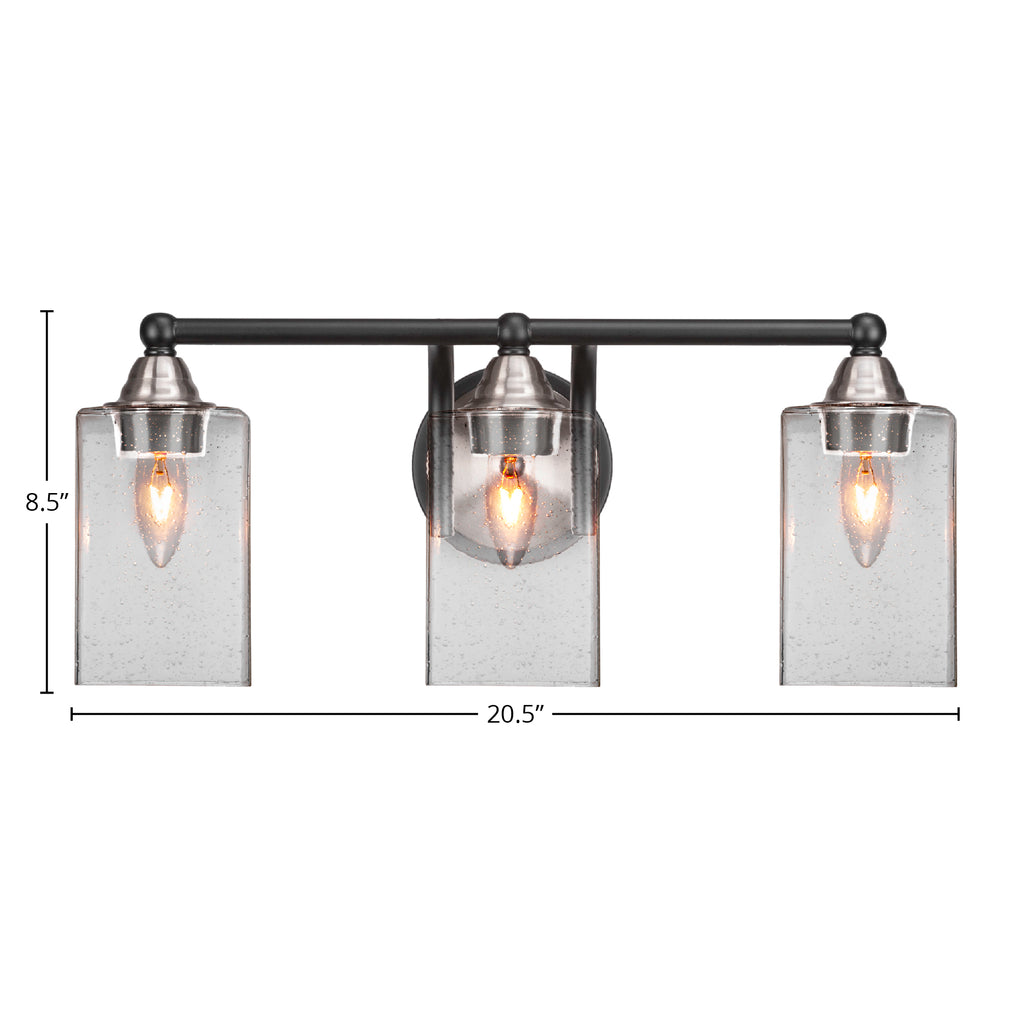 Paramount Three Light Bath Bar in Matte Black & Brushed Nickel with 4" Square Clear Bubble Shade