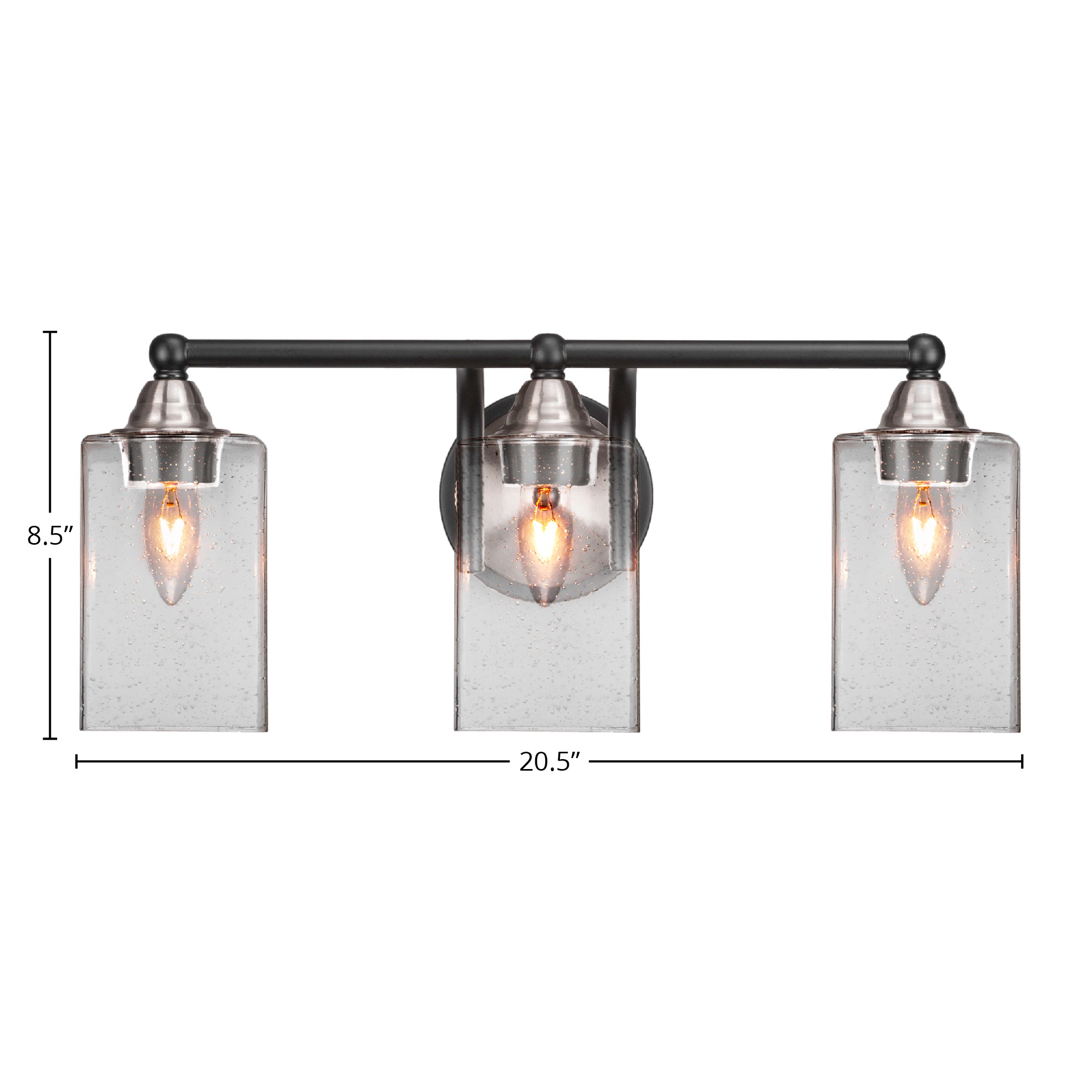 Paramount Three Light Bath Bar in Matte Black & Brushed Nickel with 4" Square Clear Bubble Shade