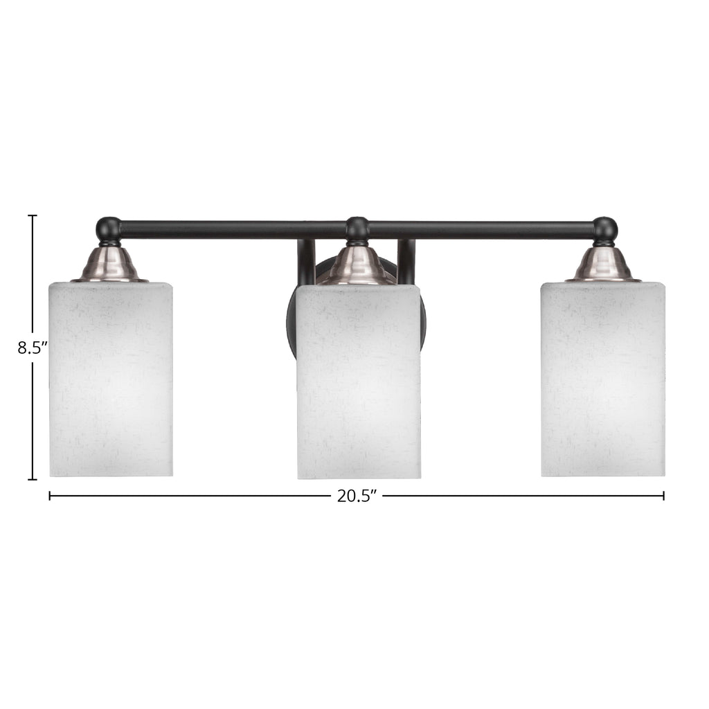 Paramount Three Light Bath Bar in Matte Black & Brushed Nickel with 4" Square White Muslin Shade