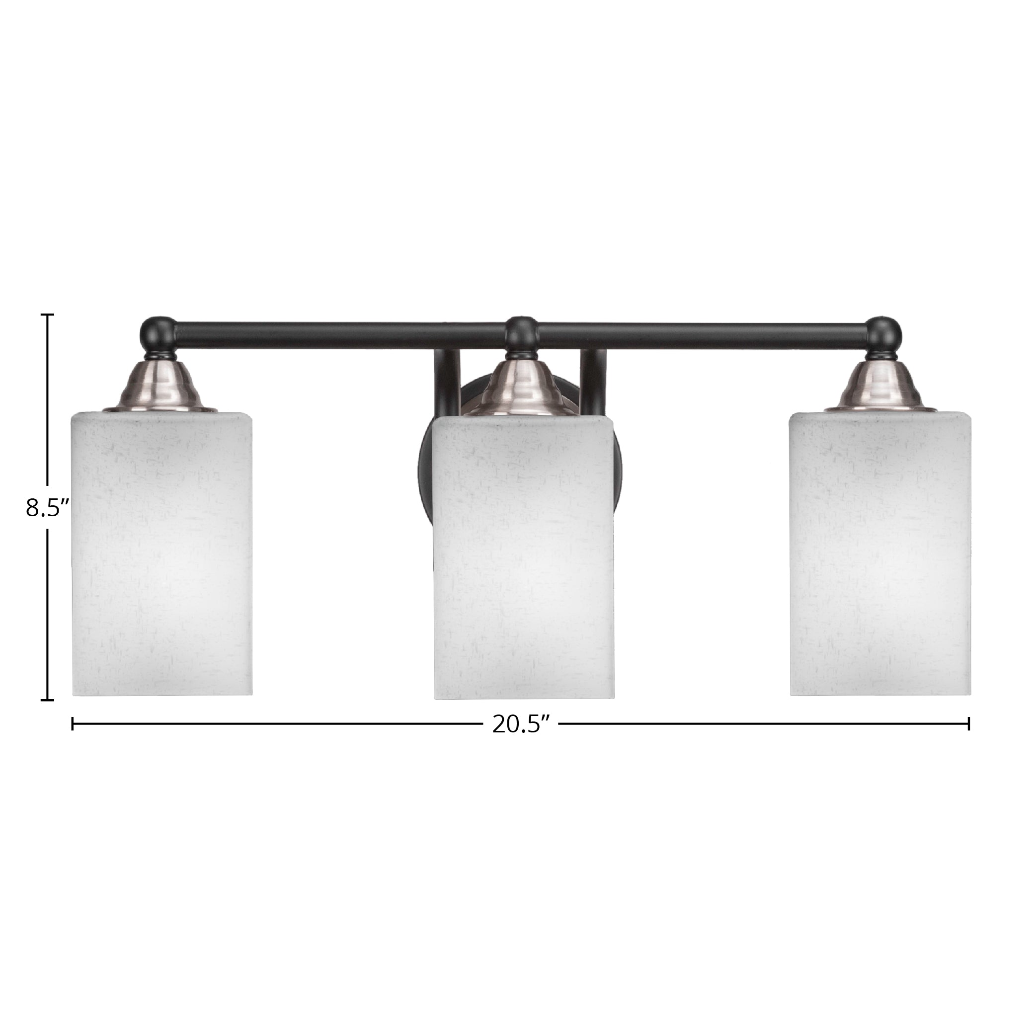 Paramount Three Light Bath Bar in Matte Black & Brushed Nickel with 4" Square White Muslin Shade