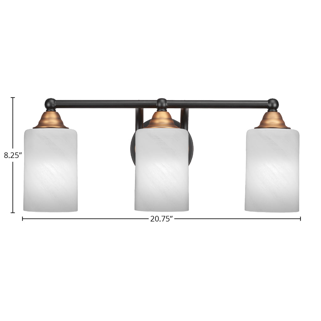 Paramount Three Light Bath Bar in Matte Black & Brass with 4" White Marble Shade