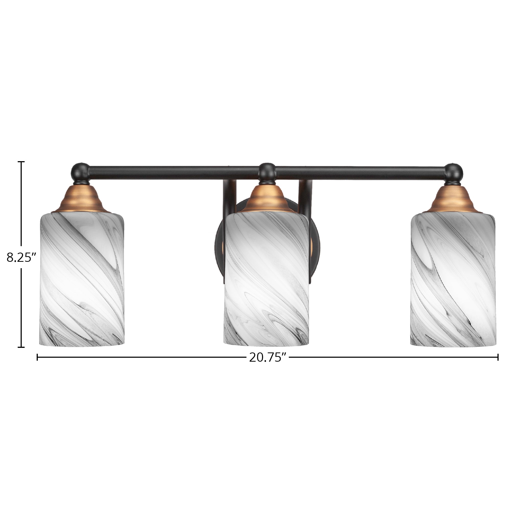 Paramount Three Light Bath Bar in Matte Black & Brass with 4" Onyx Swirl Shade