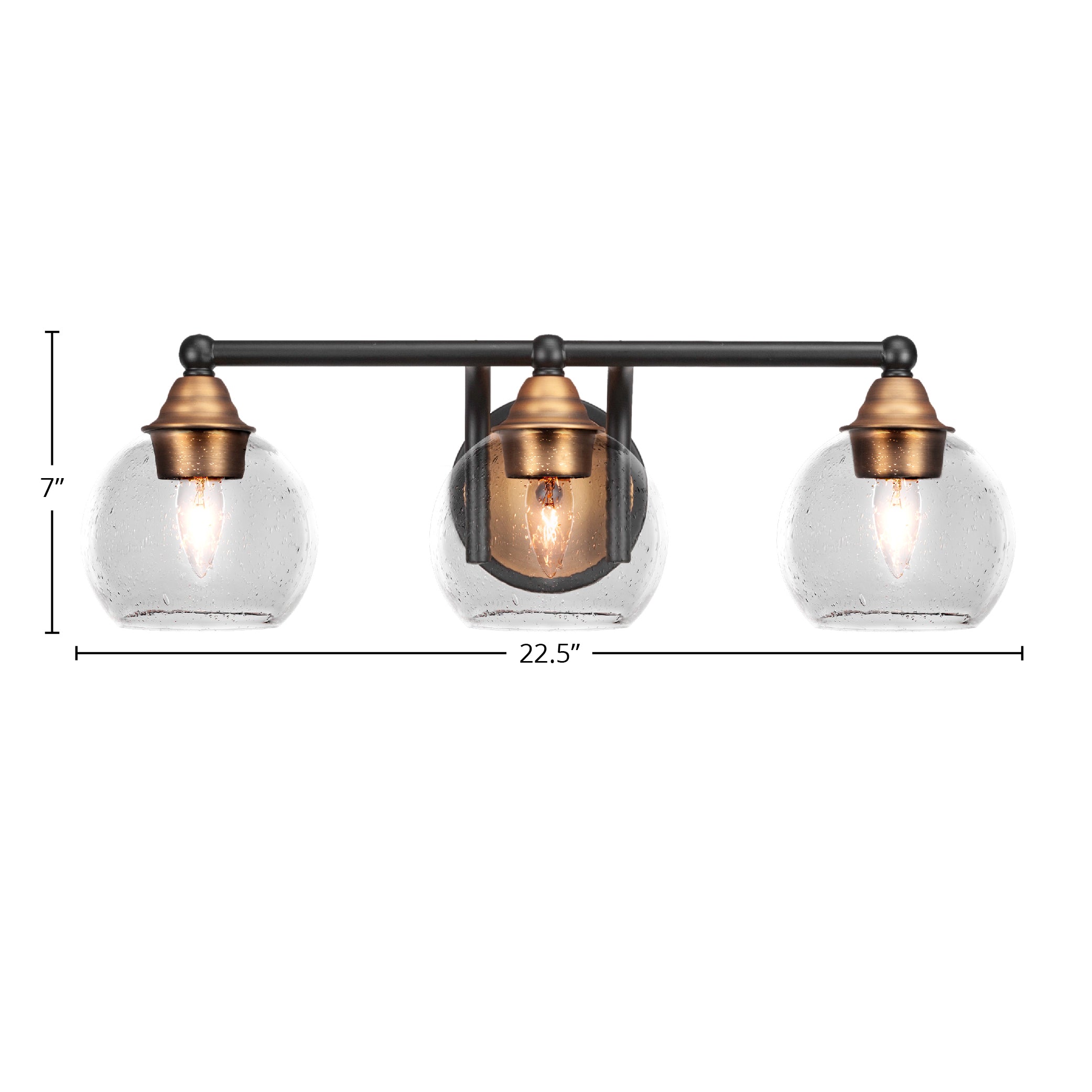 Paramount Three Light Bath Bar in Matte Black & Brass with 5.75" Clear Bubble Shade