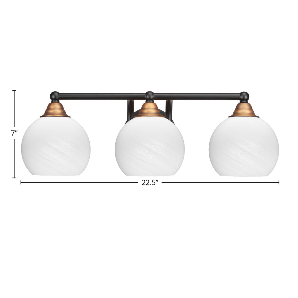 Paramount Three Light Bath Bar in Matte Black & Brass with 5.75" White Marble Shade