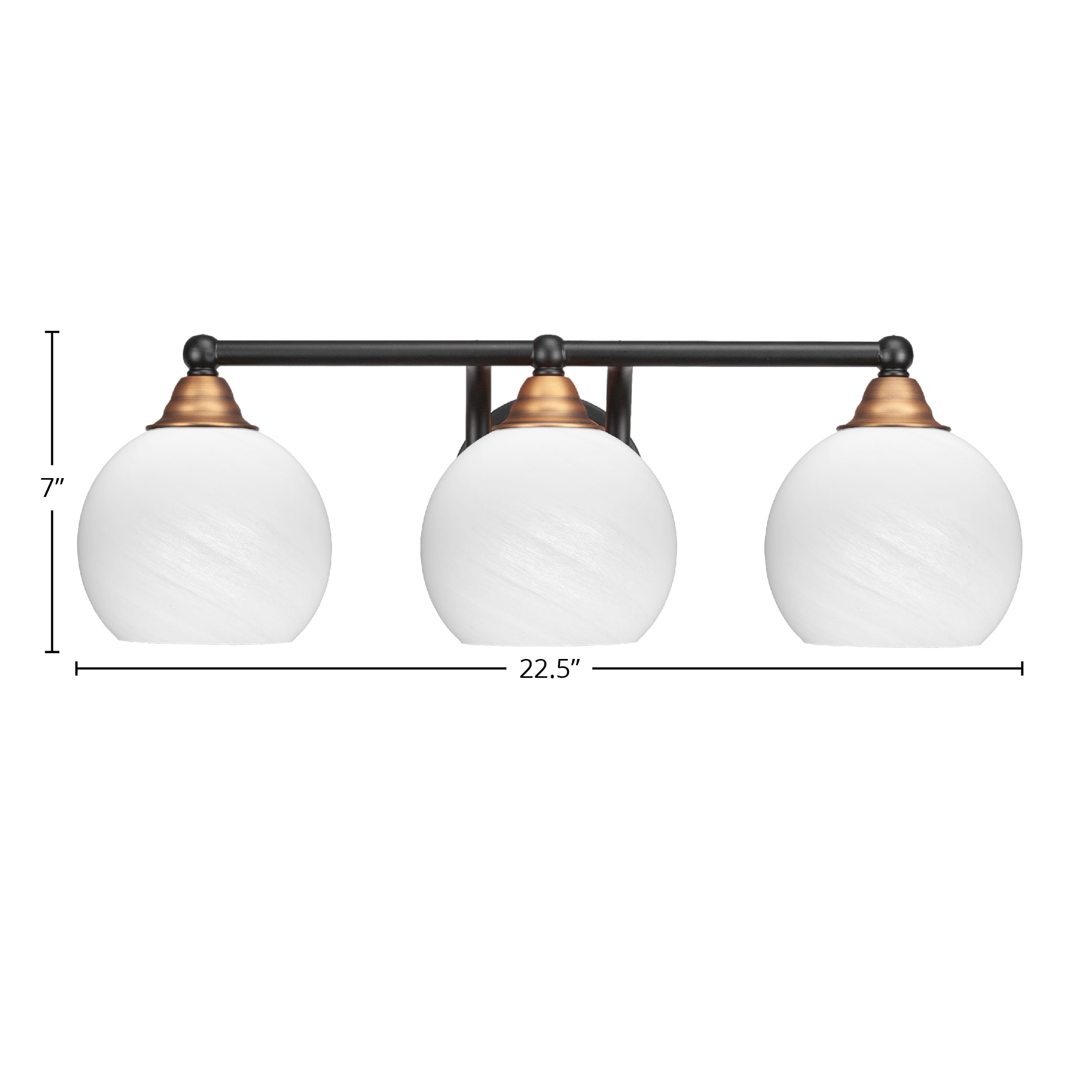 Paramount Three Light Bath Bar in Matte Black & Brass with 5.75" White Marble Shade